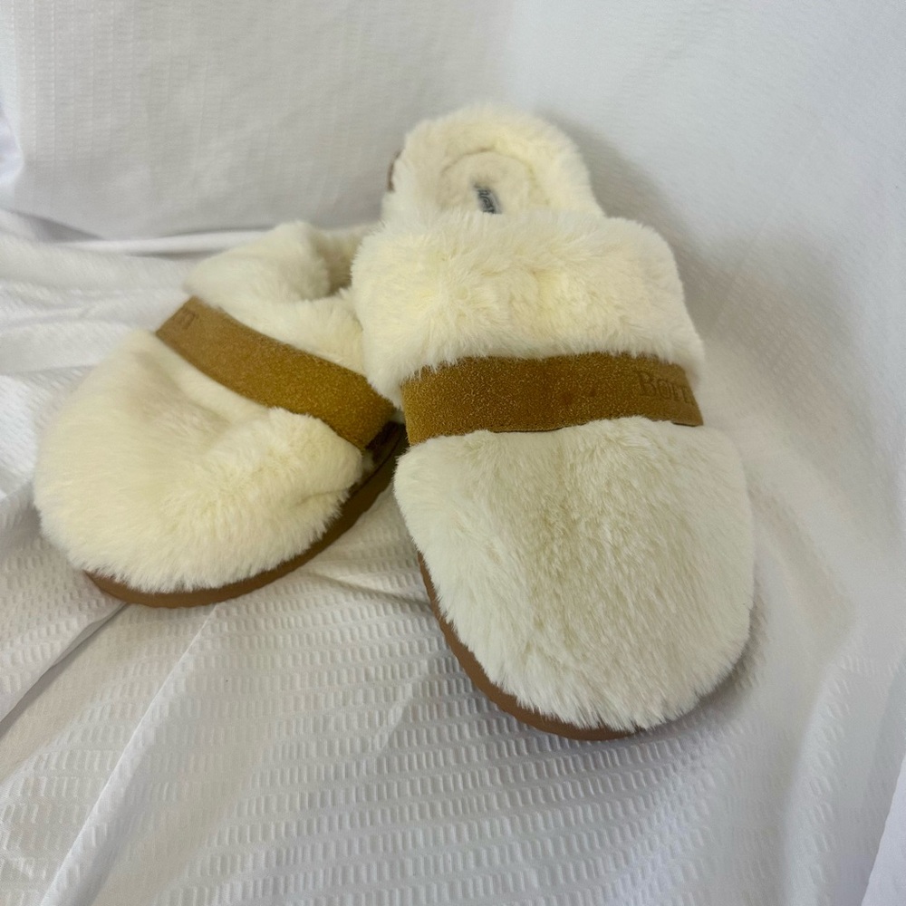 Born Cream Faux Fur Slippers with Tan Strap